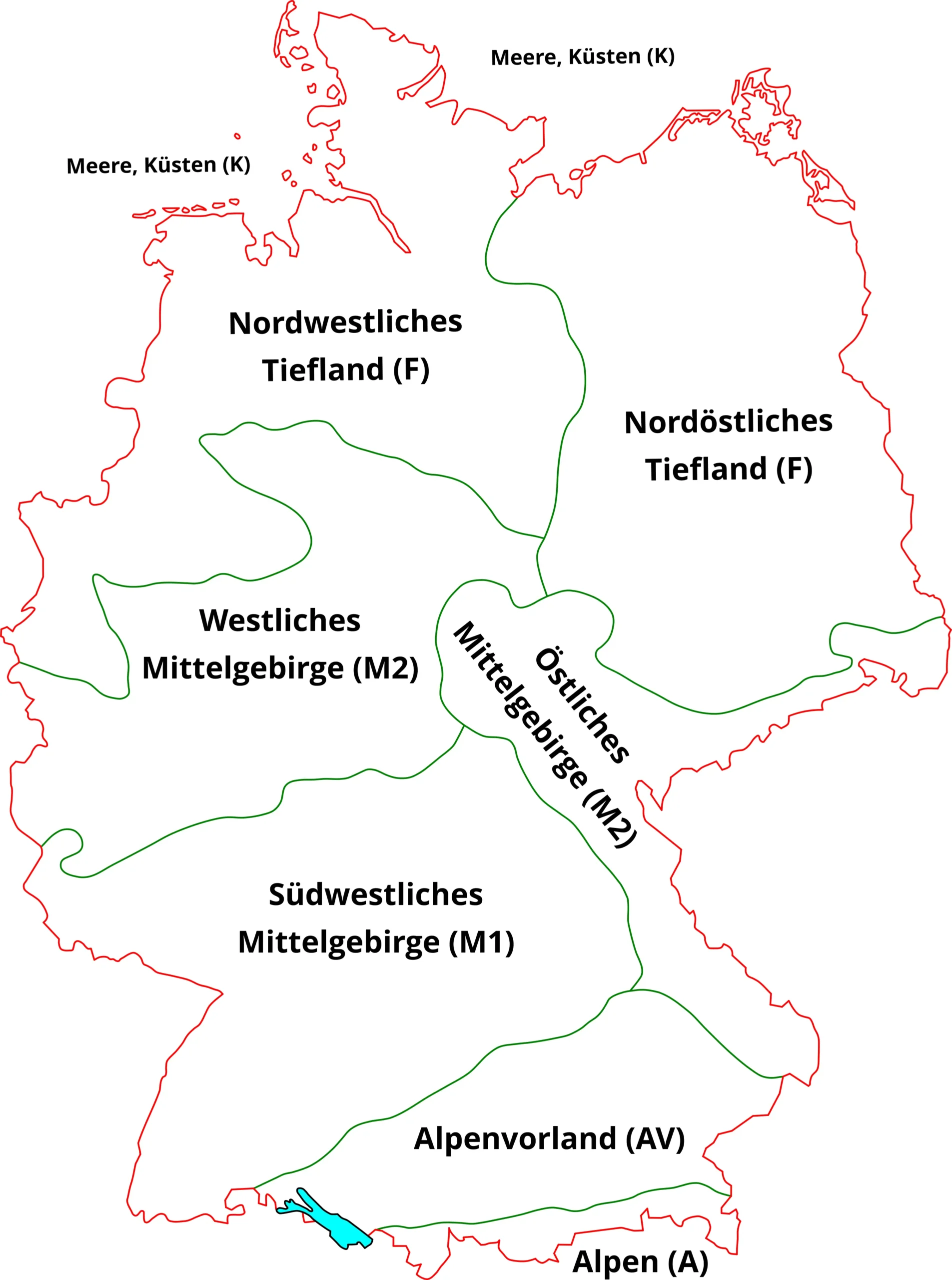 Karte von Deutschland mit geografischen Regionen: Nordwestliches und Nordöstliches Tiefland, Westliches und Südwestliches Mittelgebirge, Östliches Mittelgebirge, Alpenvorland und Alpen, Küstenlinien markiert.