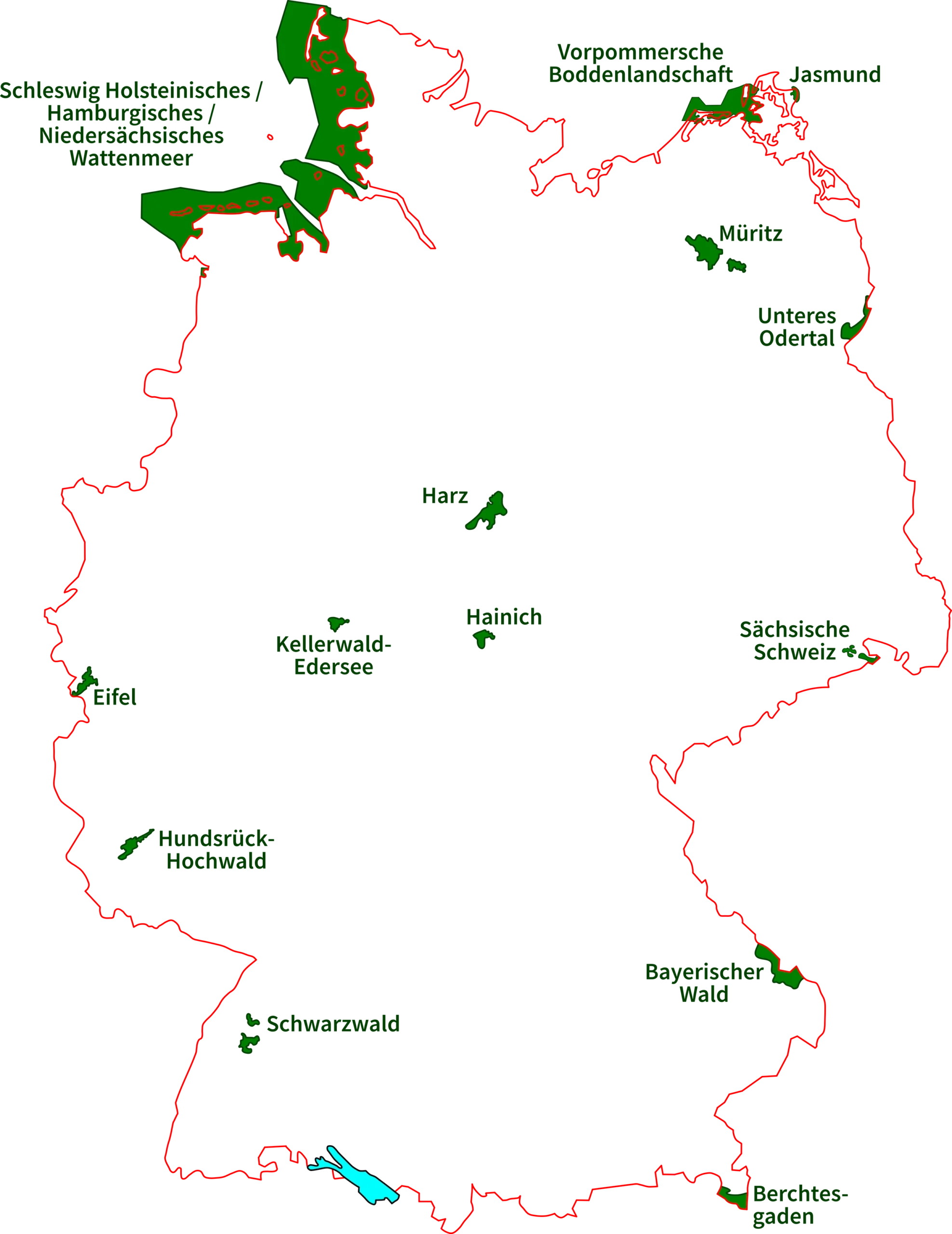 Deutschlandkarte mit rot markierter Landesgrenze und grün beschrifteten Nationalparks.